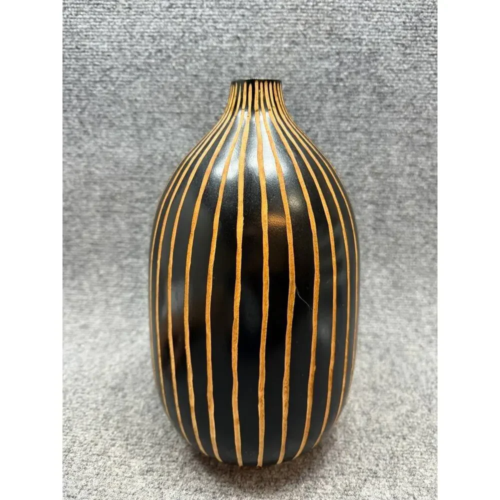 Vintage Wooden Decorative Vase Black Carved Thailand Cracks